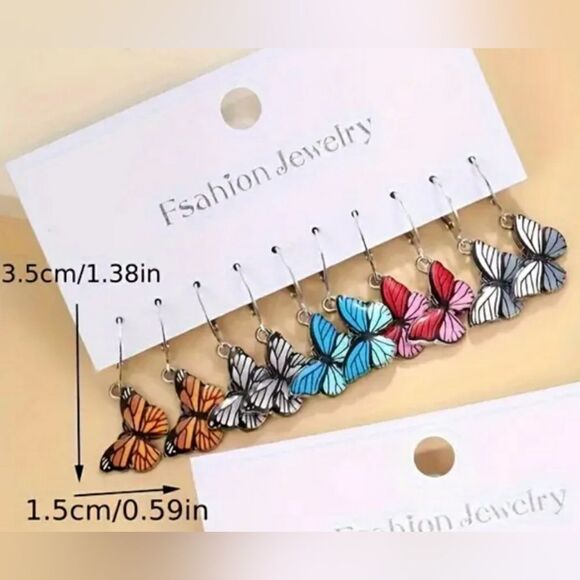 Set of 5 Pair of Zinc Alloy Butterfly Drop Earrings with Stainless Steel Posts - Picture 2 of 3